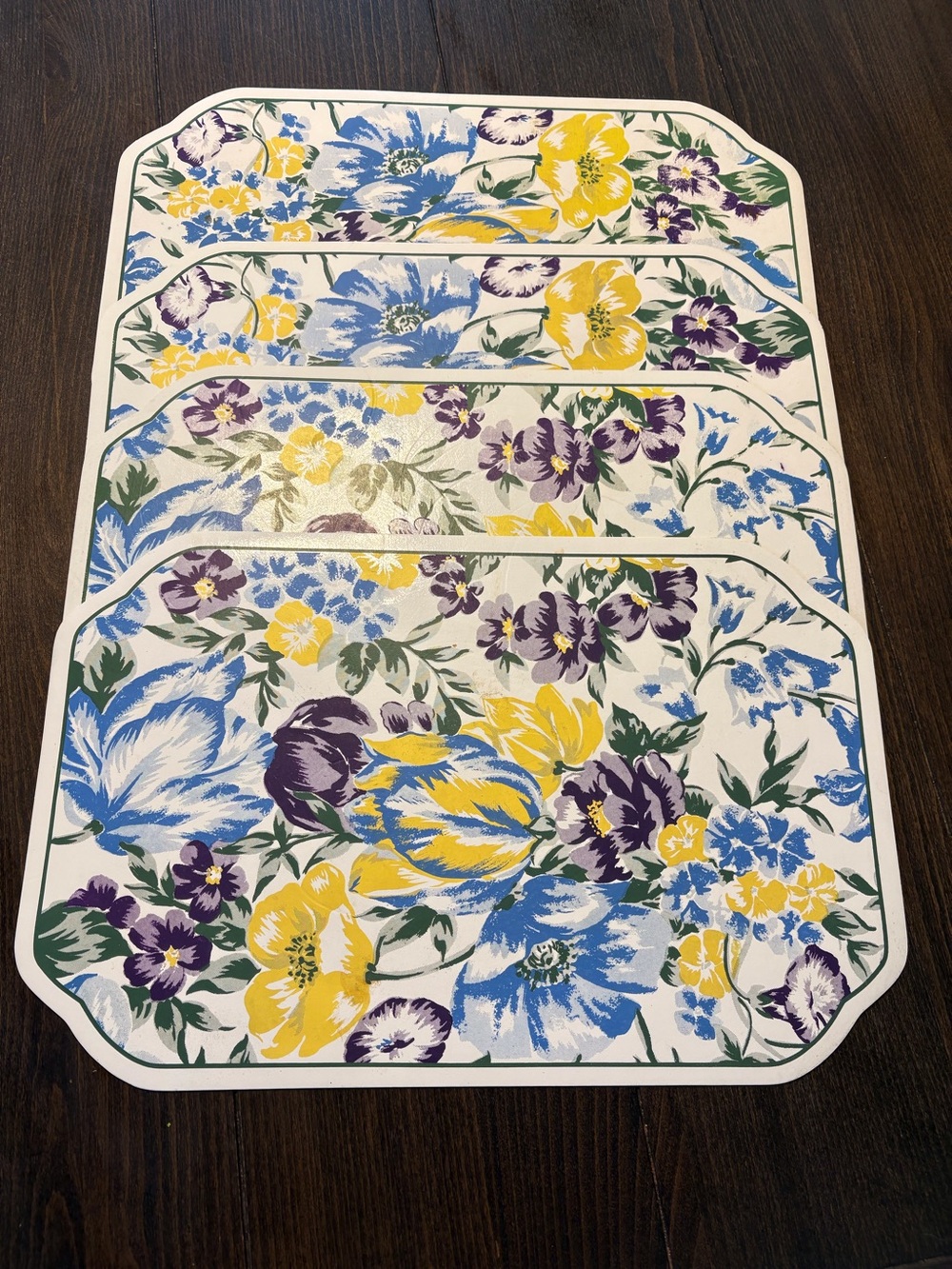 Vintage 80s Floral Vinyl Placemats Set of 4 Blue Yellow Purple Cottagecore
